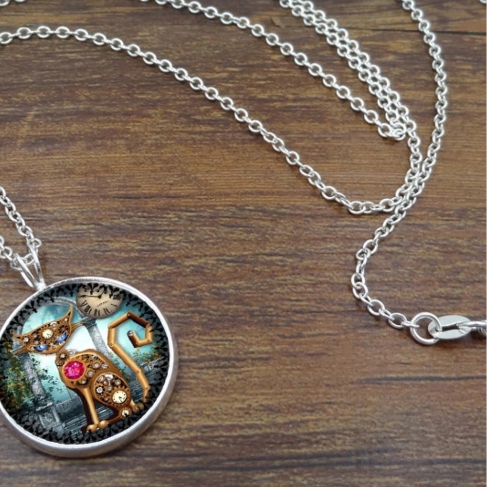 Mechanical Cat Cabochon Silver 18" New - Picture 2 of 2